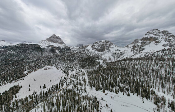 Snow-Covered Tre Cime di Lavaredo Peaks in the Italian Dolomites in Winter