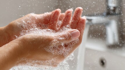 Fototapeta premium A close-up of a woman’s hands being carefully washed with soap under running water, covered in rich foam in a bright, spotless bathroom, emphasizing personal hygiene, health protection, and everyday 