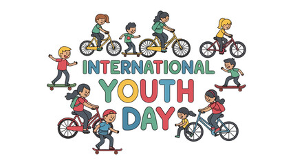Fototapeta premium International Youth Day Celebration: Vibrant illustration depicts happy children and teenagers joyfully cycling and skateboarding around the festive text International Youth Day.
