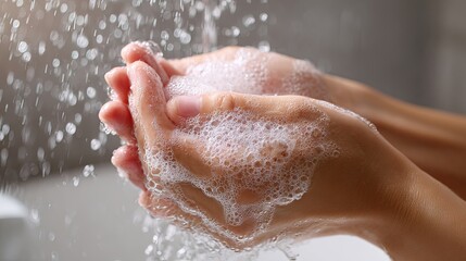 Fototapeta premium A close-up of a woman’s hands being carefully washed with soap under running water, covered in rich foam in a bright, spotless bathroom, emphasizing personal hygiene, health protection, and everyday 