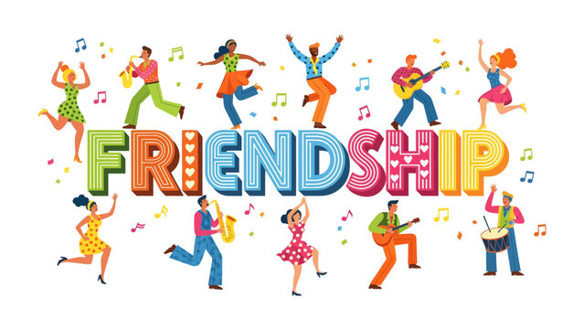 Friendship Celebration: A vibrant illustration depicting people dancing, playing musical instruments, and celebrating joyfully around the word FRIENDSHIP in colorful, 3D letters.