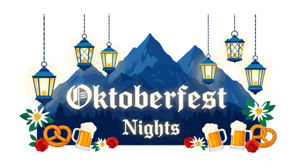 Fototapeta premium Oktoberfest Nights: A festive illustration for Oktoberfest, featuring Bavarian mountains, hanging lanterns, beer mugs, pretzels, and floral accents, evoking a cheerful celebration