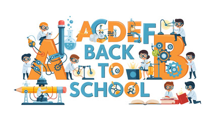 Fototapeta premium Science ABC: Animated children engage in scientific experiments surrounded by oversized alphabets and educational elements.