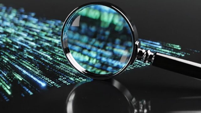 A magnifying glass examines digital binary code on a dark screen