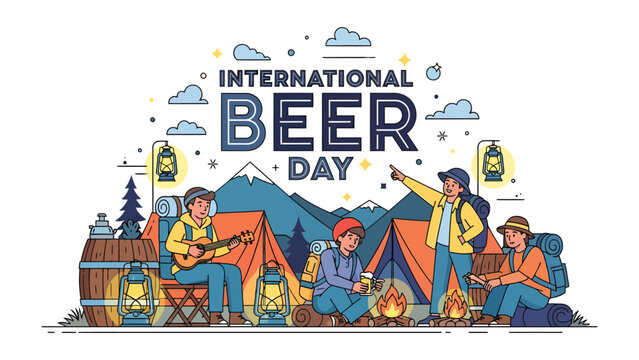 International Beer Day Celebration: People enjoying beer and camping in the mountains, celebrating International Beer Day with joy and friendship around a campfire.