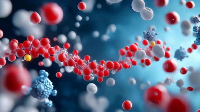 Abstract 3D scientific animation of glowing red microscopic cells and dna helix particles floating on a blue background