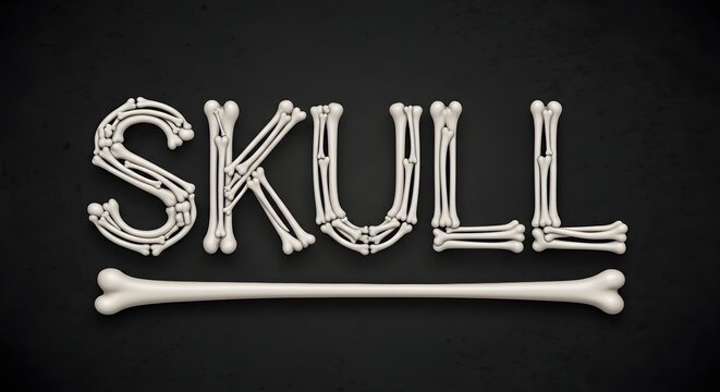 The word skull written with white bones on a dark background