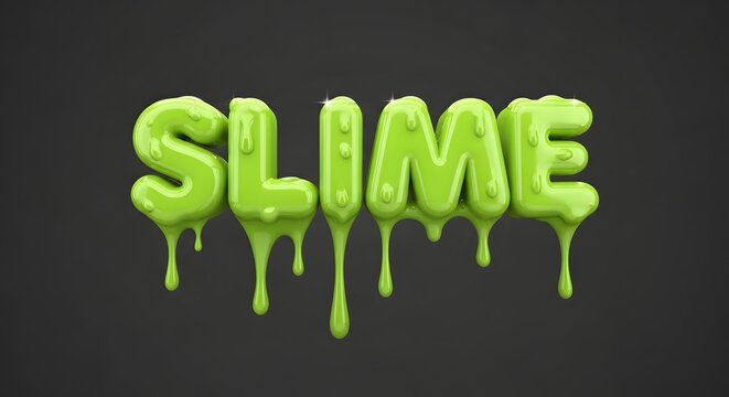The word slime written in a glossy green liquid font on a dark background