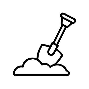 Garden shovel digging in soil outline icon for landscaping and gardening with gardening agriculture landscaping construction illustration