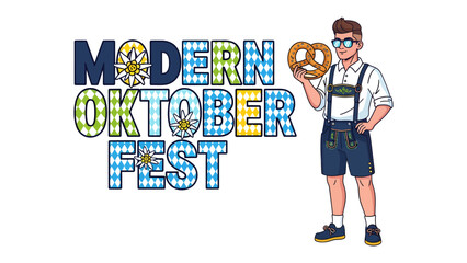 Oktoberfest Guy with Pretzel: A man in traditional Bavarian attire, holding a pretzel, stands beside the MODERN OKTOBERFEST text, celebrating a cultural festival. © Mohammad
