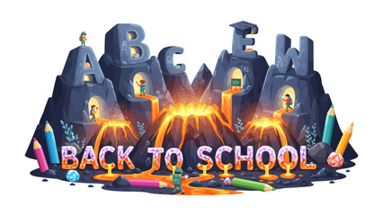 Back to School Volcano Adventure: An imaginative illustration depicts a volcanic landscape with letters A, B, C, and E forming mountainous structures. © Hasib