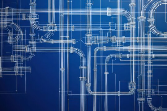 Technical blueprint of complex industrial piping system with valves and connections on blue background