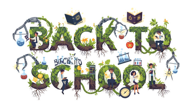 Back to School Typography: Creative word art spells out BACK TO SCHOOL using green, leafy letters intertwined with roots, featuring small figures engaged in various academic and scientific activities.