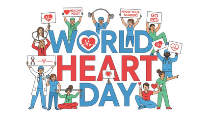 Fototapeta premium World Heart Day Celebration: A vibrant illustration depicts people of diverse backgrounds holding signs promoting heart health awareness for World Heart Day, encouraging exercise and healthy living.