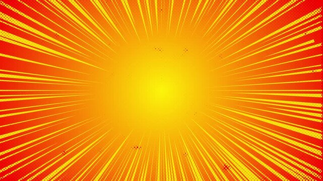 Vibrant orange and yellow comic book action speed lines with retro pop art halftone dots and radiant glowing light effects 4k video