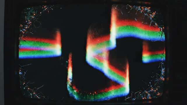 A television screen displaying static with colorful horizontal lines and white specks 4k video