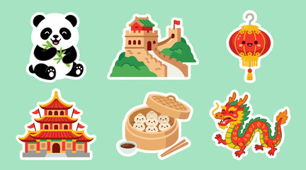 Naklejka premium Cute vector sticker collection featuring iconic chinese cultural symbols like a panda great wall lantern temple dumplings and a dragon
