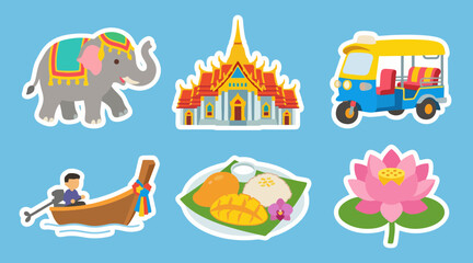 Colorful vector illustration set featuring iconic thai symbols including a traditional elephant temple tuktuk boat mango sticky rice and lotus © Ibnu Gazali