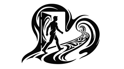 Obraz premium Man stepping through doorway into a swirling, stylized path representing new beginnings and transformation.