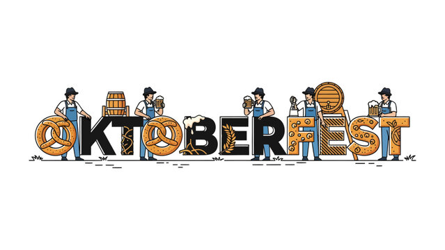 Oktoberfest Celebration with People and Pretzels: People dressed in Bavarian attire stand next to oversized letters that spell out Oktoberfest.