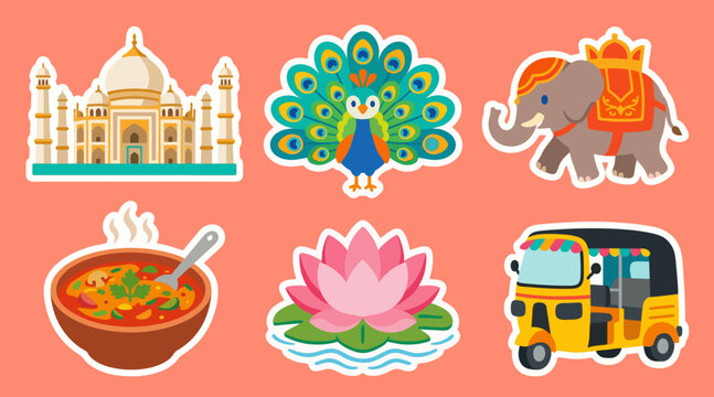 Vibrant sticker set featuring indian cultural icons like taj mahal peacock elephant curry lotus flower and an auto rickshaw graphic