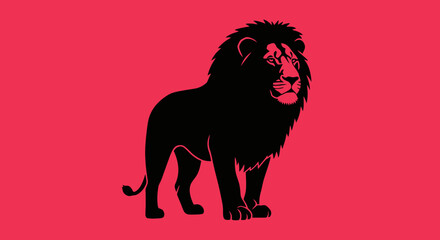 Powerful lion silhouette with detailed mane on red background © jikri