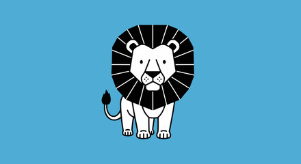 Minimalist lion icon with thick black mane on blue © jikri
