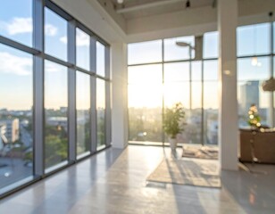 Fototapeta premium Blurry interior of modern office space with large windows, bright sunlight, and city view