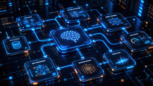 Close-up of a futuristic AI orchestration process flow in a data center with input processing and decision making diagram, AI data center concept, orchestration diagram