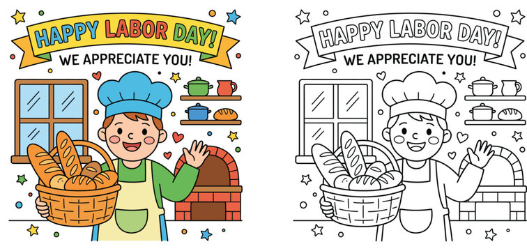 Labor Day coloring page with a cute baker holding a bread basket, chef profession illustration for kids educational activity