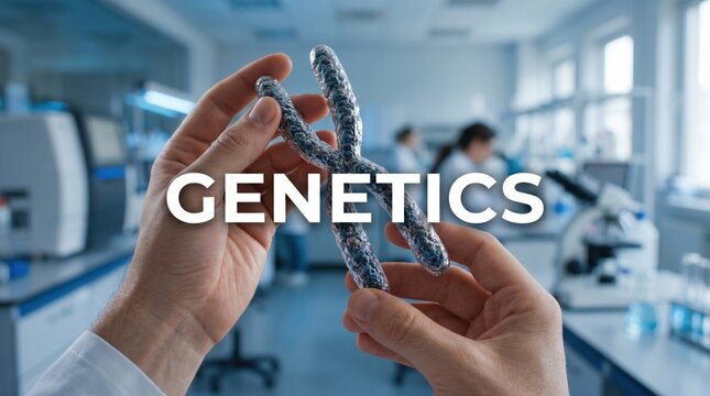 Scientists holding chromosome model in a biomedical laboratory, representing genetics, genomic research, hereditary science, biotechnology, precision medicine and DNA based innovation