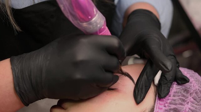 Close up of permanent eyebrow makeup procedure, beautician performing microblading with precision tool in beauty salon