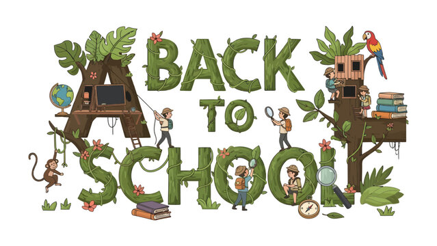 Jungle Adventure: Back to School: This whimsical illustration depicts a vibrant jungle scene with the words Back to School creatively formed by lush greenery and natural elements.