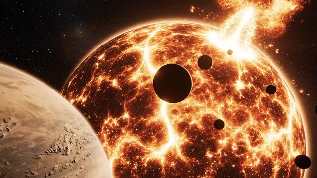 A massive celestial explosion occurs on a burning planet in deep space