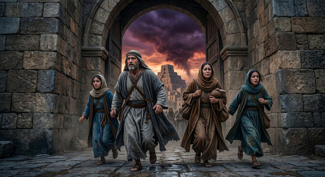 A dynamic, low-angle shot of Lot, his wife, and two daughters hurriedly escaping through a massive stone city gate just before sunrise. 