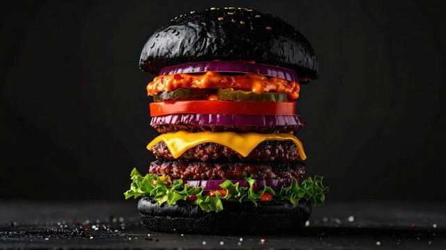A towering, layered burger with black bun and colorful toppings on a dark surface