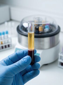 Centrifuged blood tube with plasma separation for PRP, PRF, PPP and CGF preparation, representing regenerative medicine, biotechnology, laboratory analysis and advanced therapeutic treatments