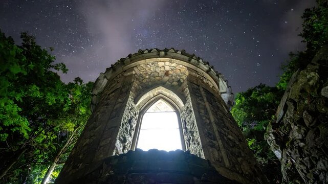 Low-angle view of a stone tower at night, framed by trees and a starry sky
