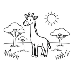 Fototapeta premium Vector illustration of a giraffe standing in a savannah landscape with trees and sun