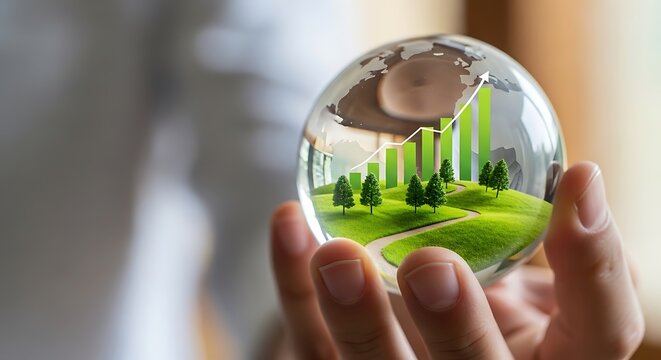 Close up of a hand holding a glass sphere containing a miniature landscape with trees and a rising financial growth chart for green investment