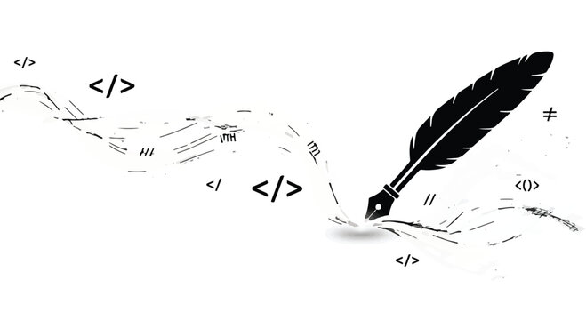Feather quill pen creating code symbols and abstract lines, symbolizing digital writing and creativity.