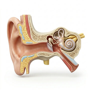 Human ear cross section, detailed anatomy showing outer, middle, and inner ear, isolated on white background, medical illustration, 3d render, crucial for audiology and sensory perception studies.