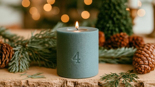 Blue advent candle with the number four on a rustic wood surface, featuring a glowing flame and pine cones for a fourth Advent greeting card