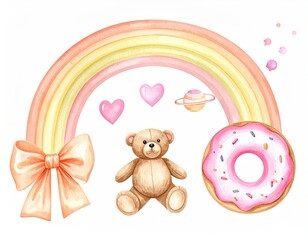 Fototapeta premium Adorable watercolor-style illustration, featuring a rainbow, teddy bear, donut, and hearts