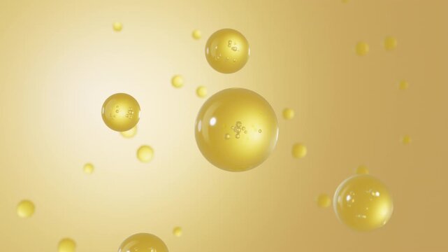 3D animation showing golden nutrient capsules falling onto the scalp and absorbing around hair roots. The visual highlights healthier, longer, fuller and shinier hair growth for hair care advertising.