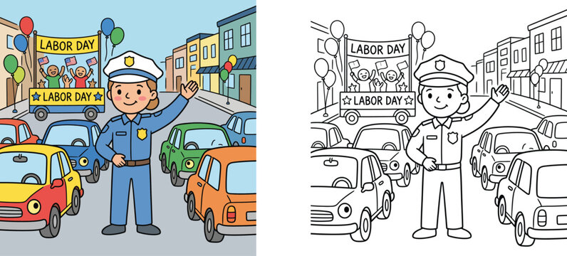 Labor Day parade cartoon illustration and coloring page set featuring a friendly female police officer directing traffic, parade float, cars, and festive balloons on a city street.