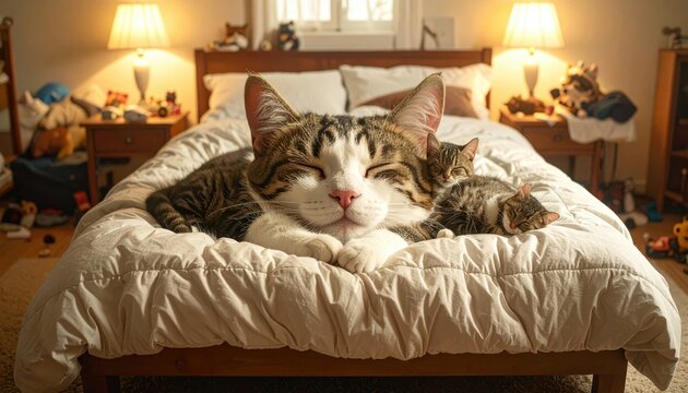 Enormous sleeping tabby cat resting peacefully on a comfortable double bed alongside tiny kittens in a warm cozy bedroom with bedside lamps, creating a cinematic and surreal cozy scene