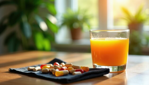 Glass of orange juice sits beside pile of vitamin capsules on dark cloth. Natural light illuminates healthy morning routine at home. Plants in background suggest wellness.