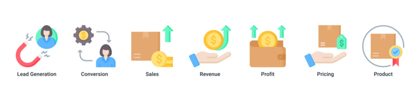 Sales Boost web banner icon vector illustration with icons of Lead Generation, Conversion, Sales, Revenue, Profit, Pricing and Product