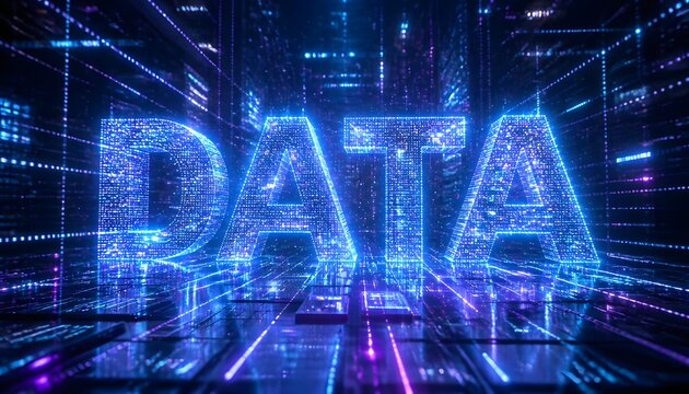 Glowing Quantum Particles Form the Word DATA in a Digital Futuristic Network